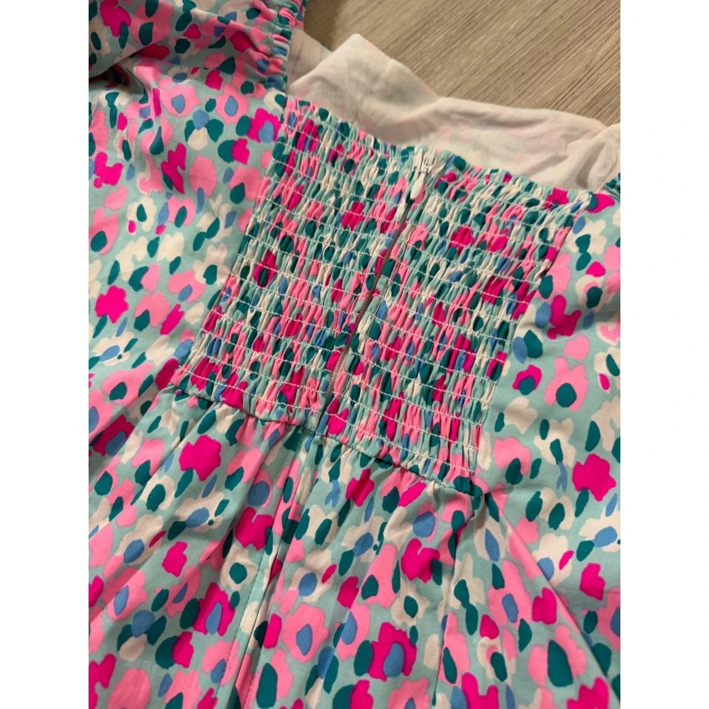 Lilly Pulitzer Pink Blue Puff Sleeve Square Neck Smocked Back Top Size 0